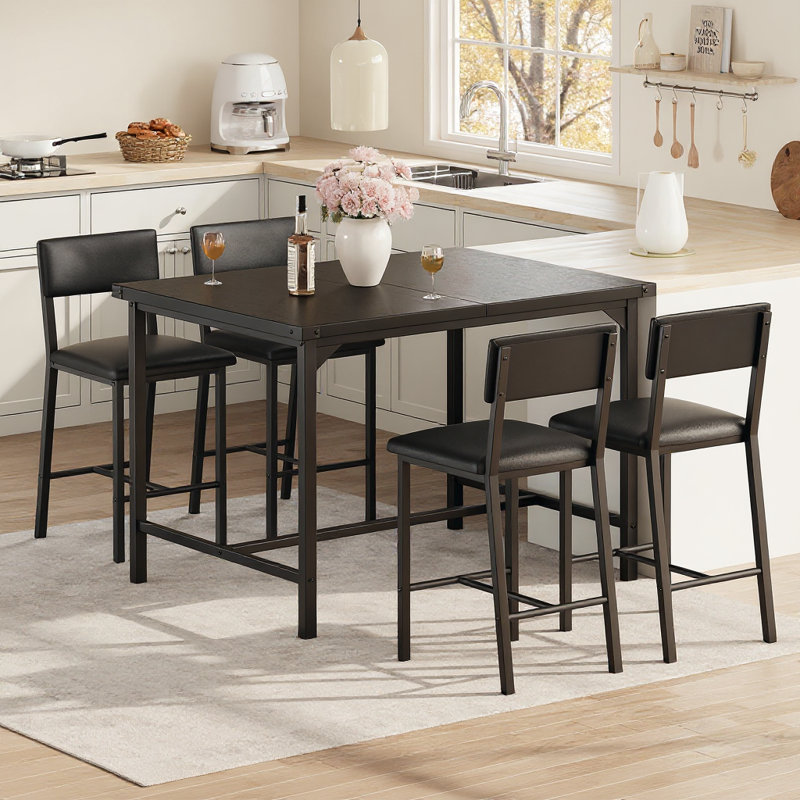 Dining Table Set, Counter Height Table With 4 Upholstered Bar Stools, Black, Black