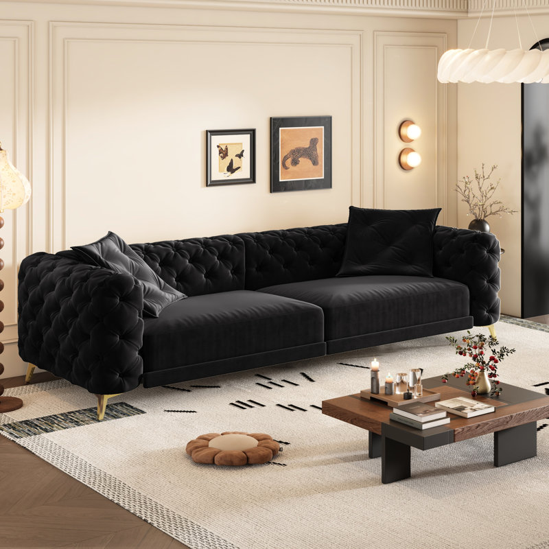 Lit convertible 97,7 po 31 po, profondeur d'assise 28,4 po, canapé 4 places avec boutons, noir, pieds stabilisateurs pour un sommeil équilibré, assise profonde, canapé, assise extra large et confortable mobile