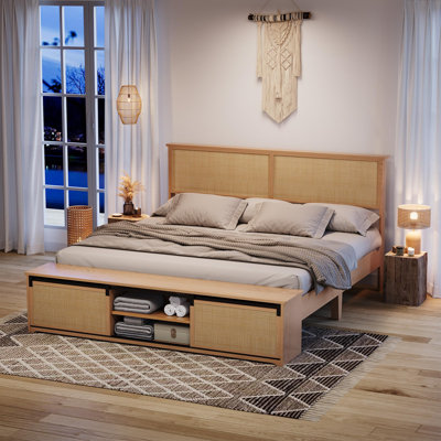 Natural Rattan King Size Wood Platform Bed Frame with LED Headboard & Sliding Barn Door Storage Cabinets, Solid Wood Legs, No Box Spring Needed