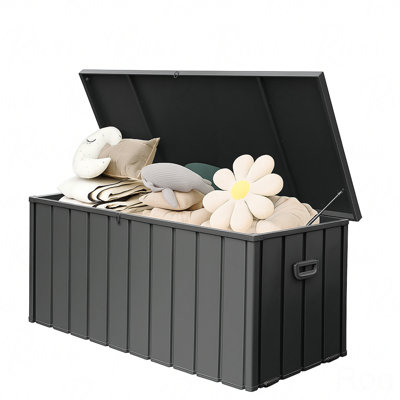 Boîte de rangement en métal 190 gallons, boîte extérieure en acier imperméable, grande armoire de rangement pour meubles de patio, banc de rangement verrouillable pour livraison de colis sous le porche, coussins, coussins, piscine, outils, cour arrière, gris