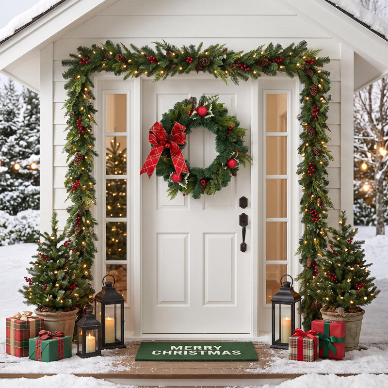 Couronne de Noël artificielle pré-éclairée 24 "avec nœud rouge, 20 lumières DEL, couronne de Noël luxueuse en PVC pour porte d'entrée, manteau de cheminée et décoration murale