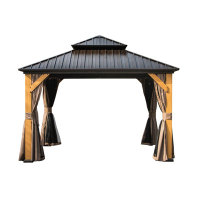 12'X12' Gazebo With Wood Construction And Galvanized Steel Roof, Brown For Outdoor Space Metal Frame Double Roof Lawn Patio -
