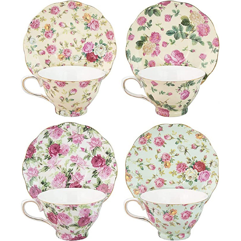 Tasse à thé et soucoupe en porcelaine rose 8 onces China Chintz Imports, par 4
