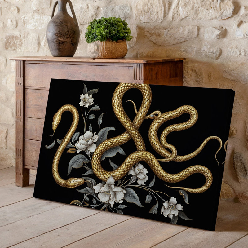Toile d'un motif complexe saisissant avec des serpents élégamment enroulés dans un art mural riche, des teintes dorées entrelacées avec un art mural sur toile floral délicat
