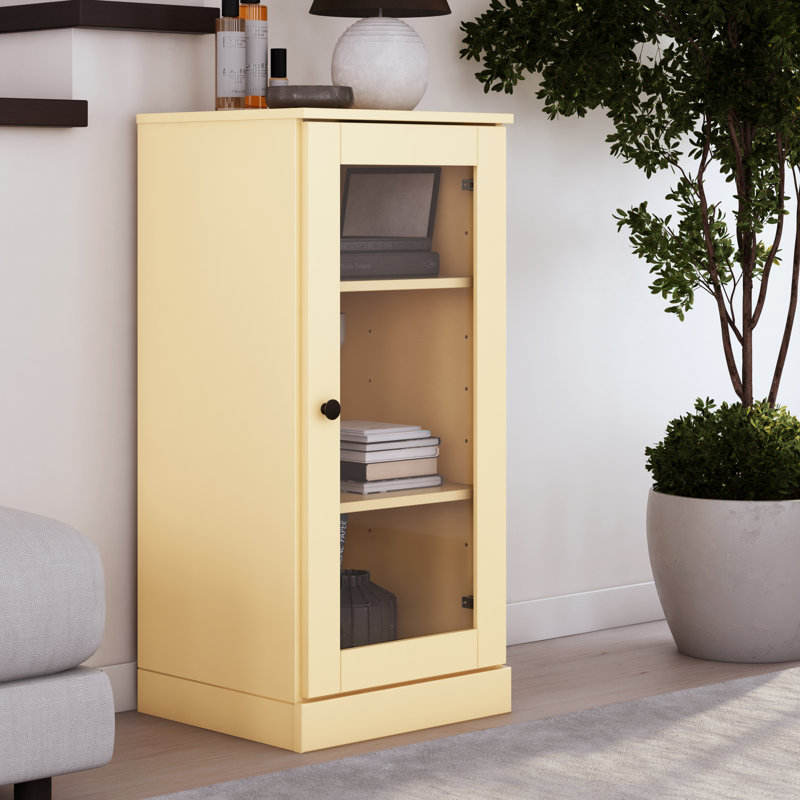 100% Solid Wood 3-Shelf Bookcase with Clear Glass Door and Adjustable Shelves, Yellow