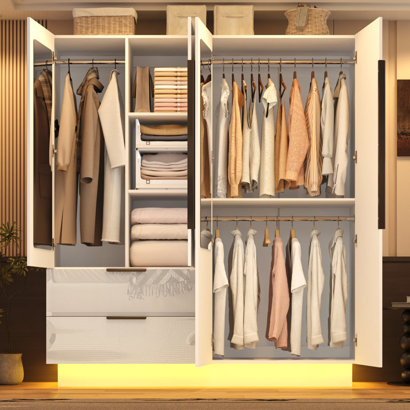 Armoire-penderie moderne ultrabrillante avec tablettes et tringle, Blanc