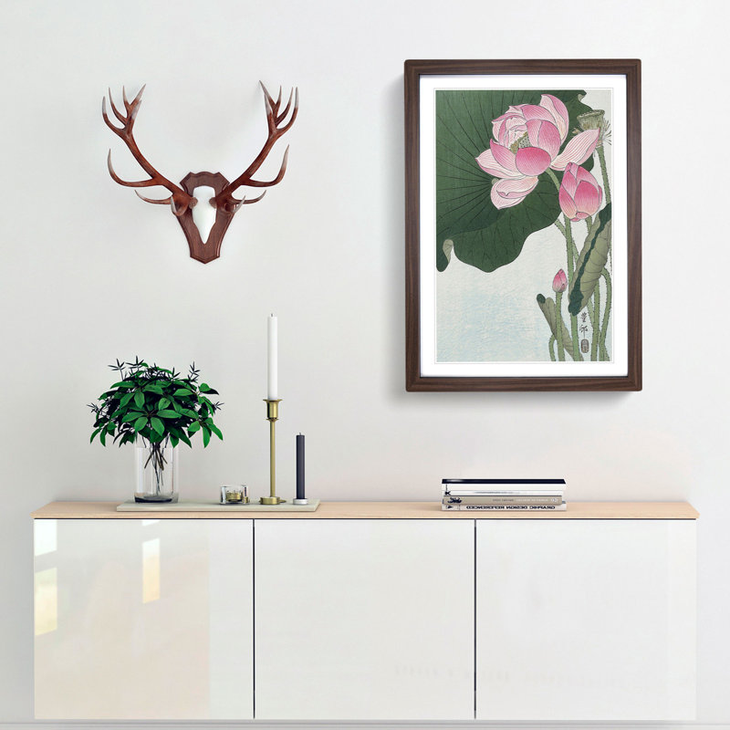 Pink Lotus Flower by Ohara Koson - Picture Frame Painting Print, Walnut Framed, 65cm H x 48cm W x 2cm D