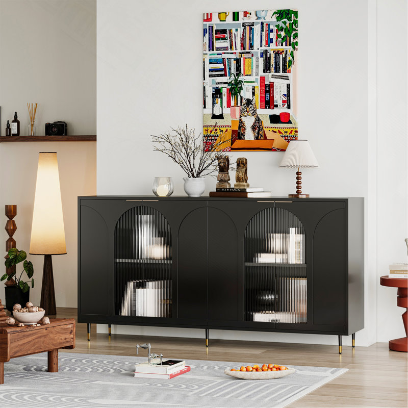 Buffet avec armoire en bois laqué noir et 4 portes, Noir