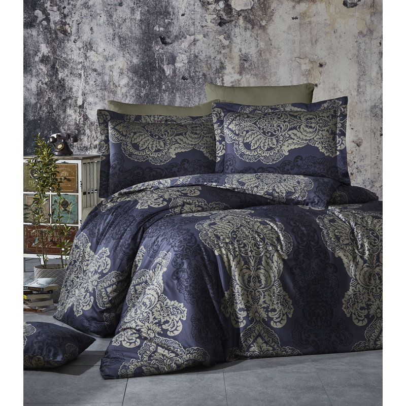Ensemble de housse de couette 100% coton Glass, Bleu foncé / Beige, Housse de couette double TG + 3 pièces supplémen