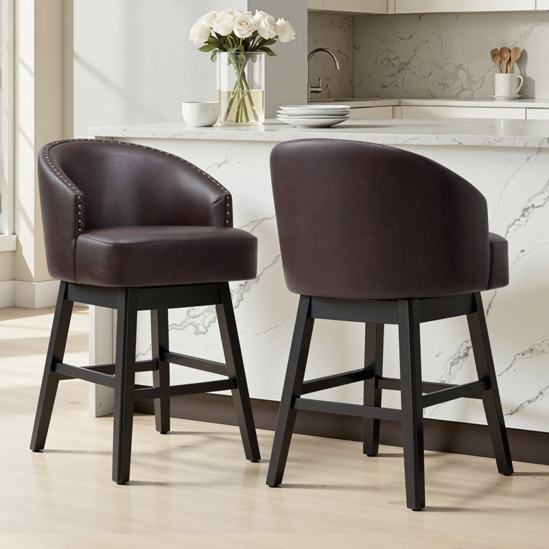 Swivel 26.4'' Faux Leather Counter Stool With Solid Wood Legs, Counter Stool (26.4" Seat Height), Brown