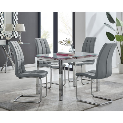 Tierra Modern Glass & Metal Extendable Dining Table Set & 4 Luxury Faux Leather Dining Chairs