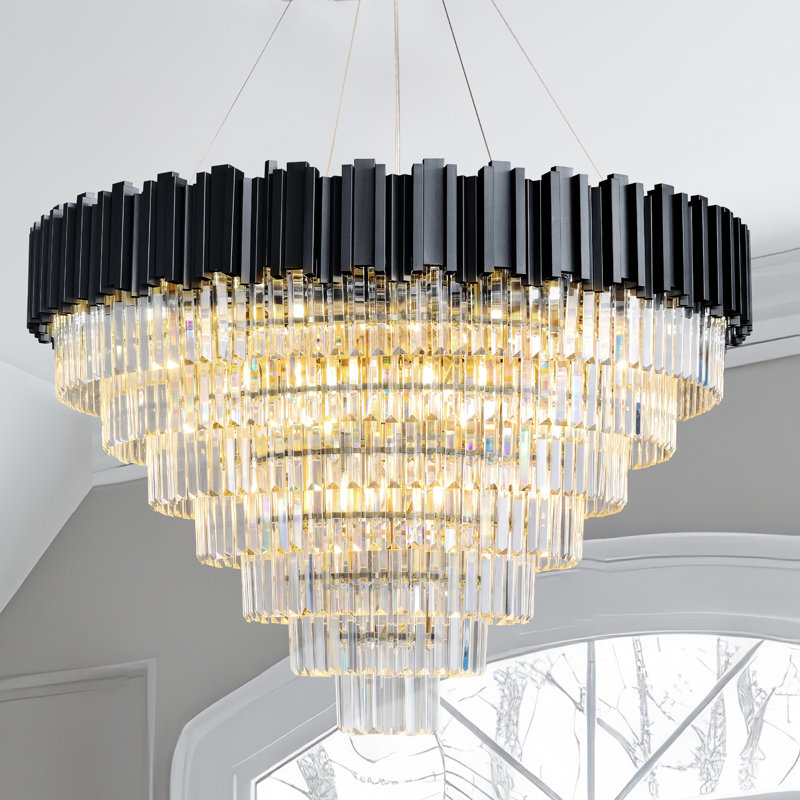 Light Dimmable Tiered Chandelier With Crystal Light, 21 Lights, Matte Black, 26.77" H x 39.37" W x 39.37" D