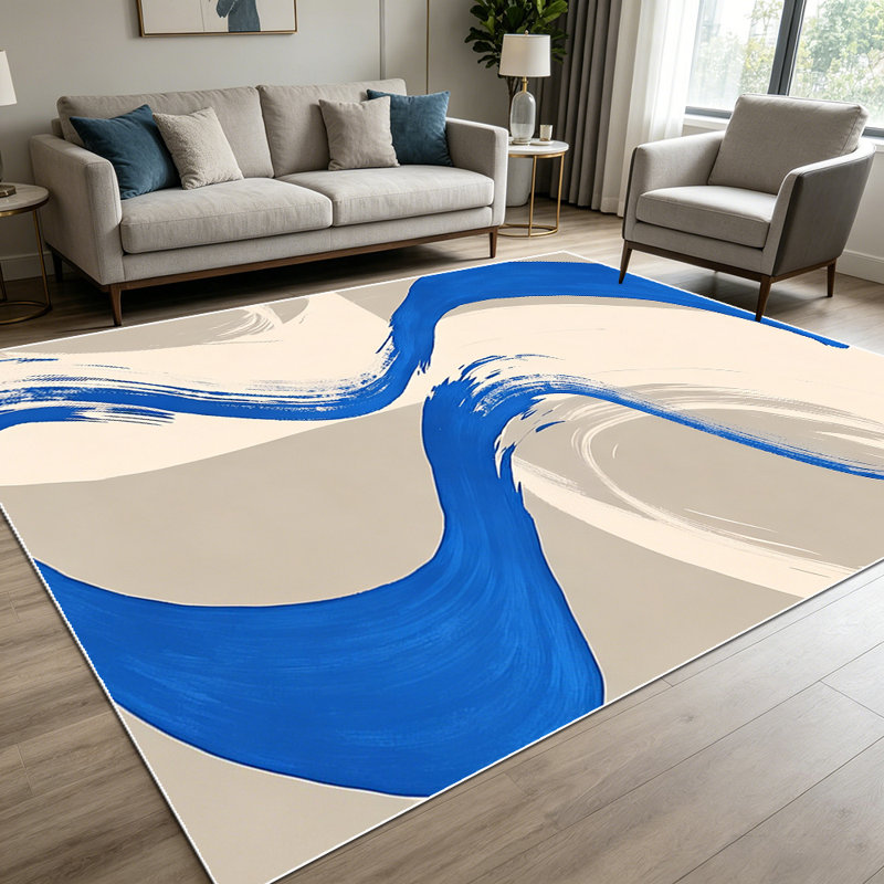 1PC Abstract Blue & Beige Wavy Brush Stroke Modern Art area rugs for Living Room, Soft and Comfortable, Suitable for all seasons, easy-to-maintain, machine washable Indoor floor mat, Under Table Farmhouse suitable for dining table, bedroom, home