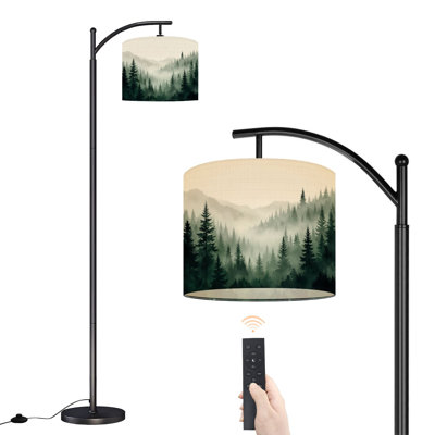 Arc Floor Lamp with Adjustable Lampshade Misty Pine Forest Landscape Foggy Mountains Soft Watercolor Standing Lamp 3 Colour Temperatures Dimmable Tall Pole Lamp with Foot Switch for Bedroom