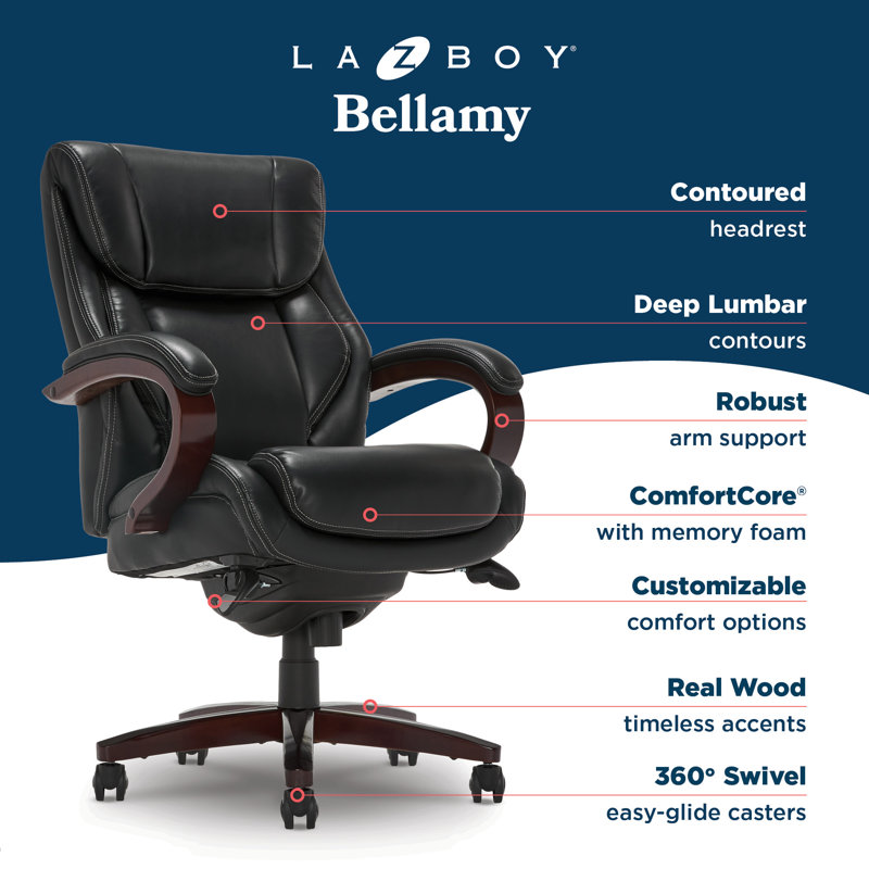 La-Z-Boy Bellamy Executive Office Chair with Memory Foam Cushions, Real Wood Arms and Swivel Base, Waterfall Seat Edge, Faux Bonded Leather