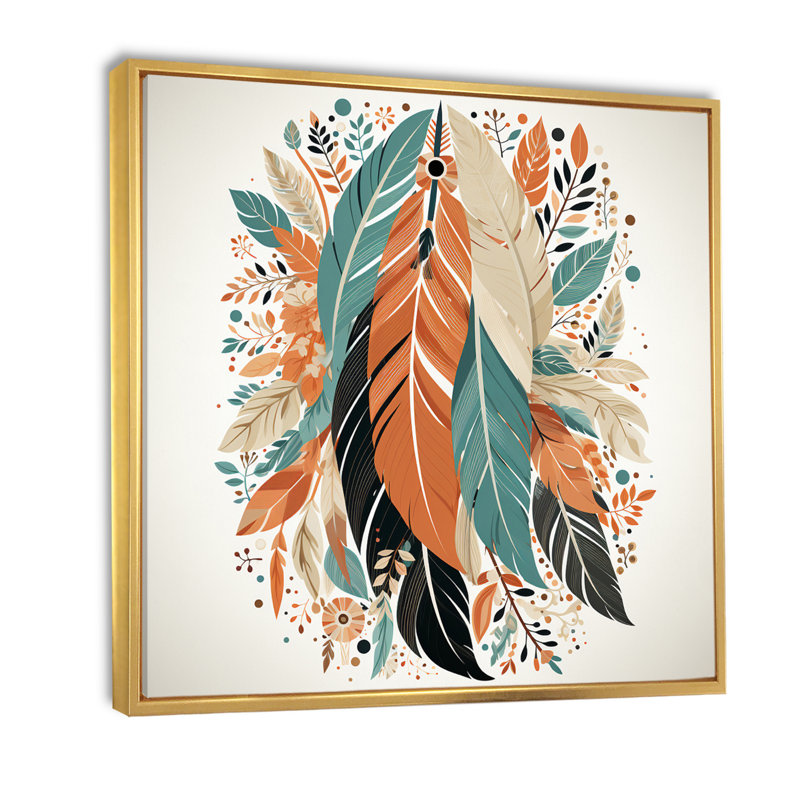 Plumes de bohème rétro en bleu et orange I, Cadre flottant doré, H 30 po x l 30 po