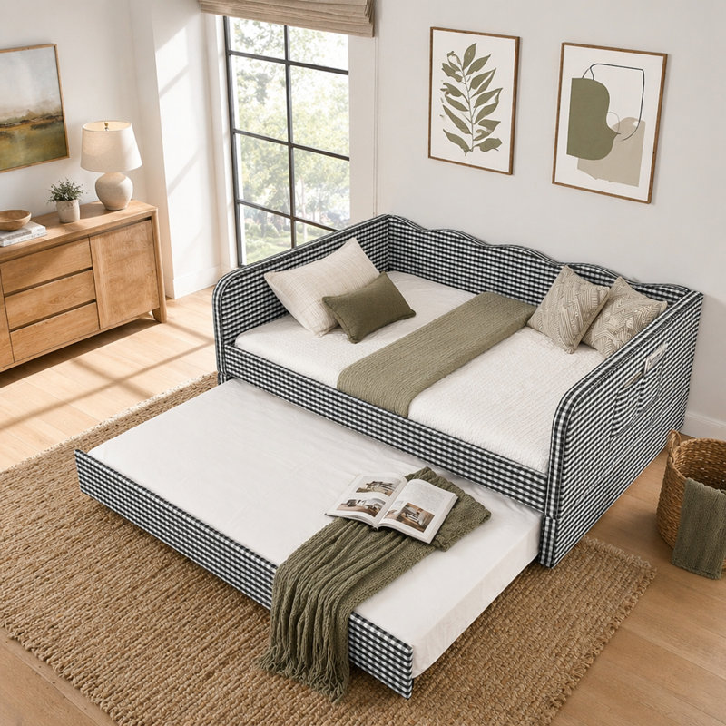 Lit de jour rembourré convertible 3-en-1 en vichy avec lit gigogne escamotable et poche de rangement latérale, Black