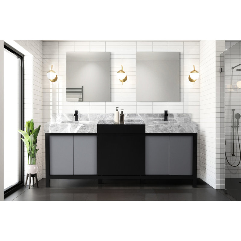 Meuble-lavabo double noir et gris l 80 po x P 22 po - comptoir en marbre gris et robinet mat à fermeture en douceur, à porter, espace de rangement suffisant 80 po Dans et avec comptoir Scratch Stain, tiroirs spacieux