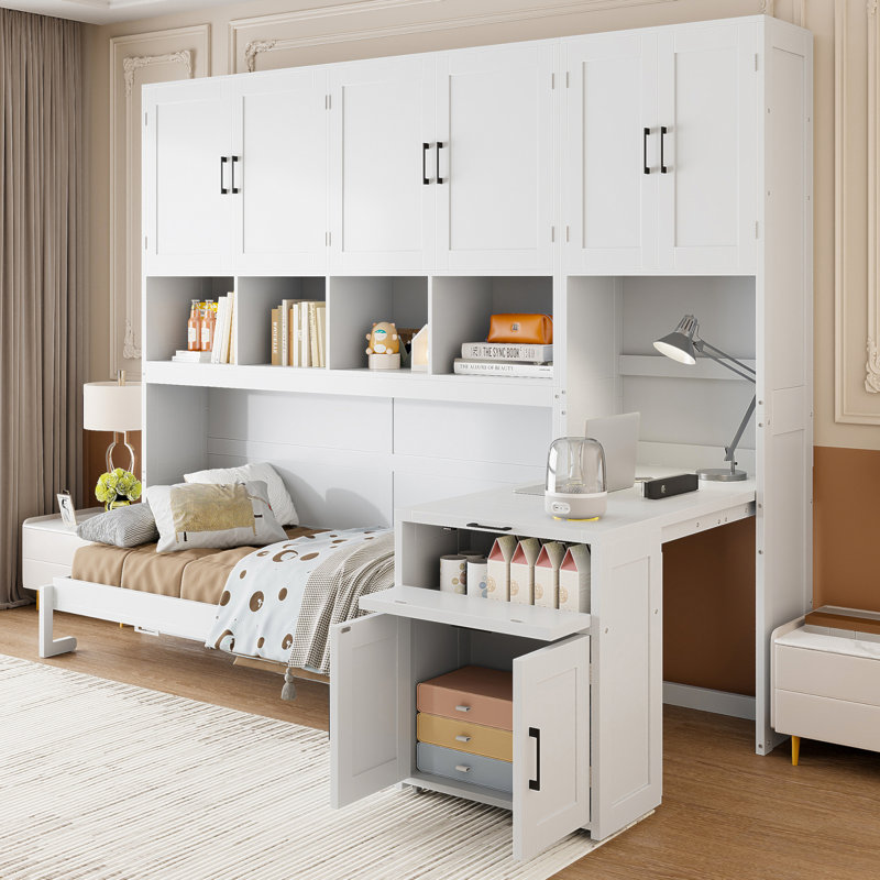 Lit escamotable simple avec placard, tiroirs et bureau