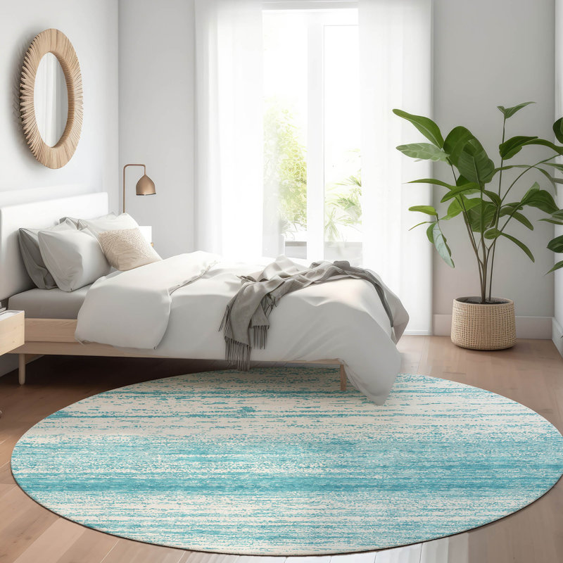 Premium Machine Washable Prisco Teal Rug, Round 8'
