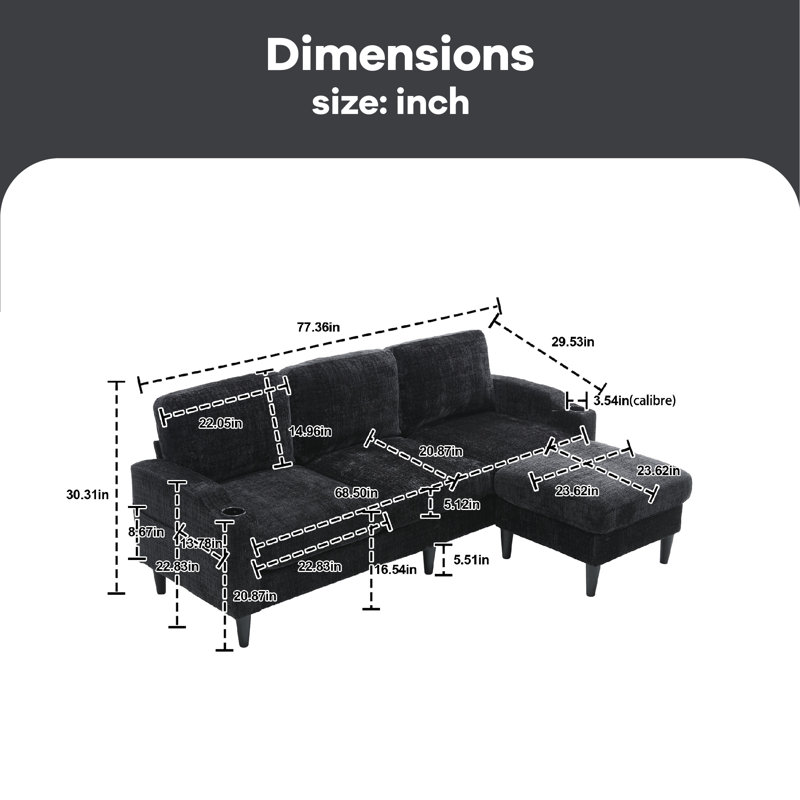 Adylynn Upholstered L-Shaped Sectional, Black Polyester