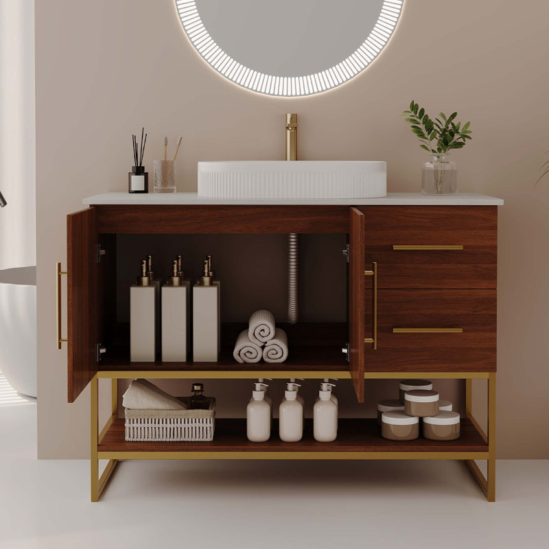 Meuble-lavabo autoportant moderne avec lavabo vasque en céramique et accents dorés