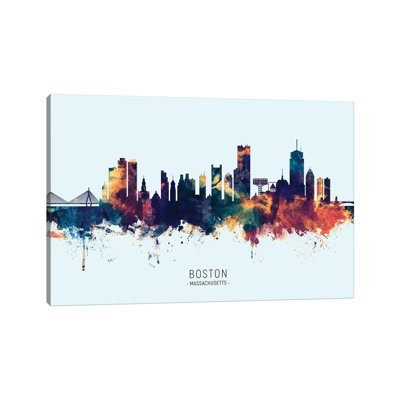 «Boston Massachusetts Skyline Blue Orange» par Michael Tompsett, impression sur toile tendue