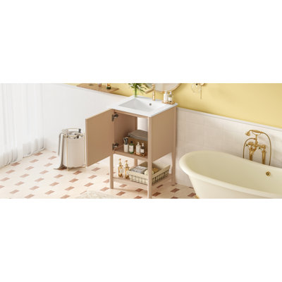 French Style 20 - Inch Bathroom Vanity With Ceramic Sink, Single , Soft Close Door, Elegant Design, Exquisite Patterns, Stainless Steel Hinges, Metal Round Knob, Ample Storage, Basin, 1.37" Faucet