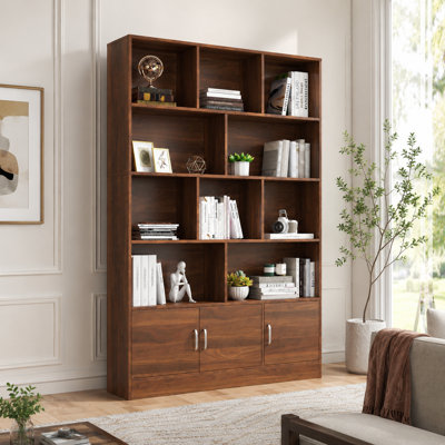 Modern open wooden bookcase with storage cabinets