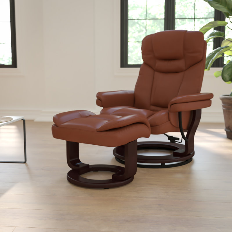 Contemporary Multi-Position Recliner and Curved Ottoman with Swivel Mahogany Wood Base, Brown