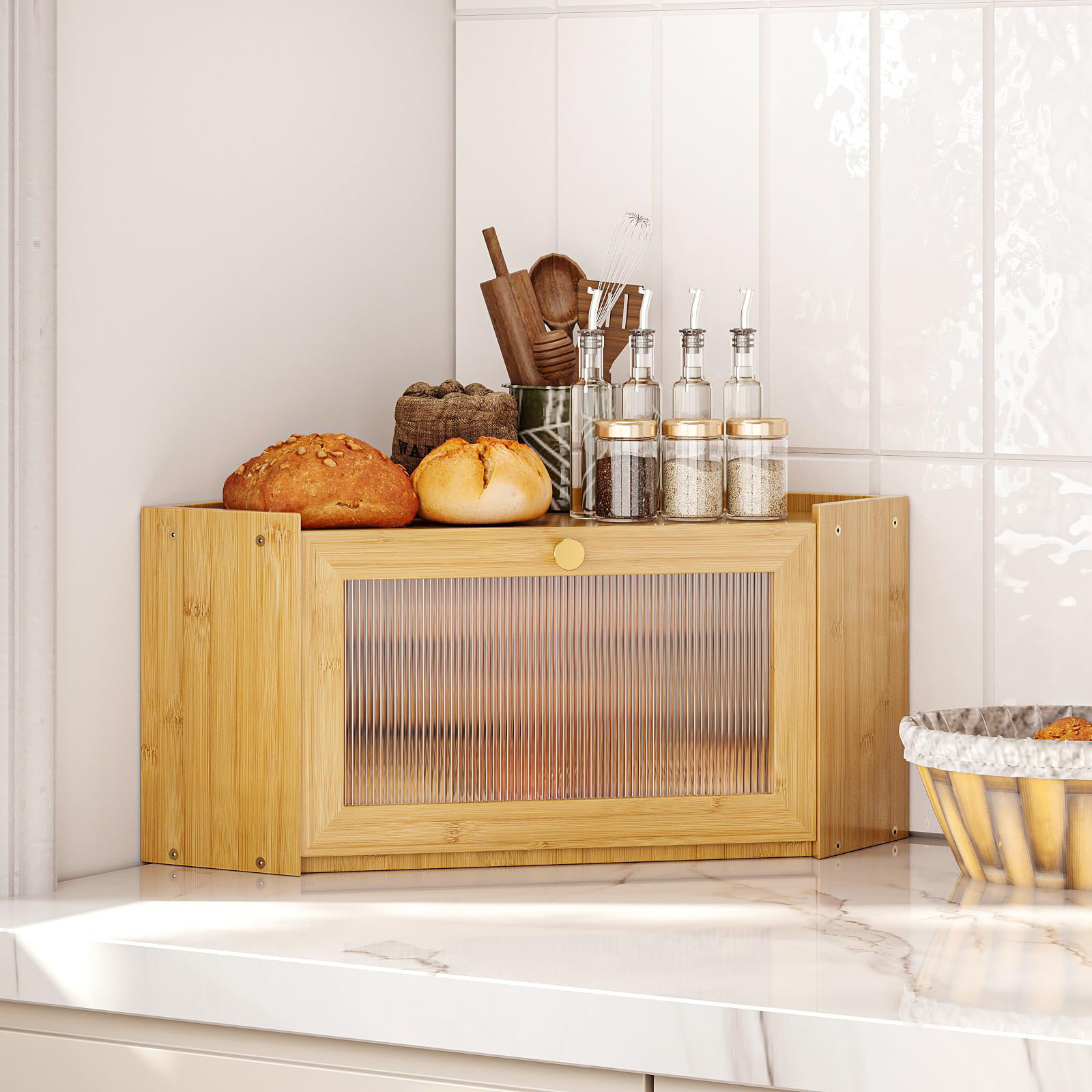 One Allium Way® Corner Bamboo Bread Box, Rustic Bread Storage Container With Wavy Arcylic Transparent Door Vintage Storage, (Natural) | Wayfair