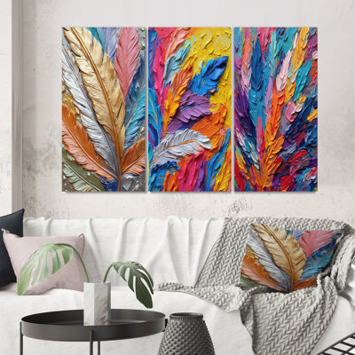 «Rough Texture Colorful Feathers Peinture I», 3 pièces sur toile