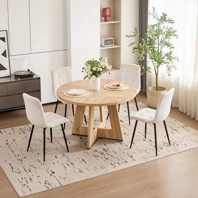 5 Piece 47'' Round Dining Table Set for 4, Farmhouse Kitchen Table with 4 Velvet/Corduroy Modern Dinning Room Chairs for Home, Apartment