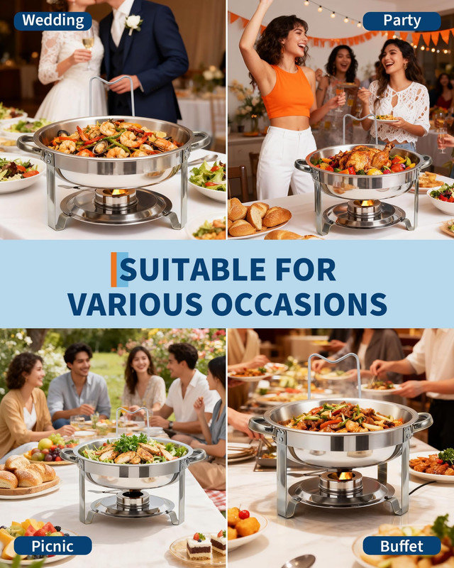 Ensemble de 5 réchauds à vaisselle ronds de 5 pintes - Buffets et réchaud avec couvercle en verre, support et ramasse-gouttes, acier inoxydable pour les fêtes, les mariages, les banquets, la restauration