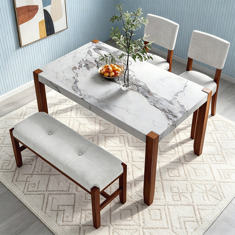 Ensemble de salle à manger 4 pièces avec table en marbre, chaises rembourrées et banc, peu encombrant et élégant pour les salles à manger modernes