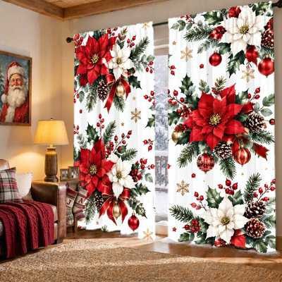 2Pcs rideaux floraux de poinsettia de Noël, imprimé festif de baies de houx d'hiver, tissu filtrant la lumière, protection de la vie privée, conception à passe-tringle, lavable à la machine, pour le salon, la chambre à coucher, la décoration de maison de vacances