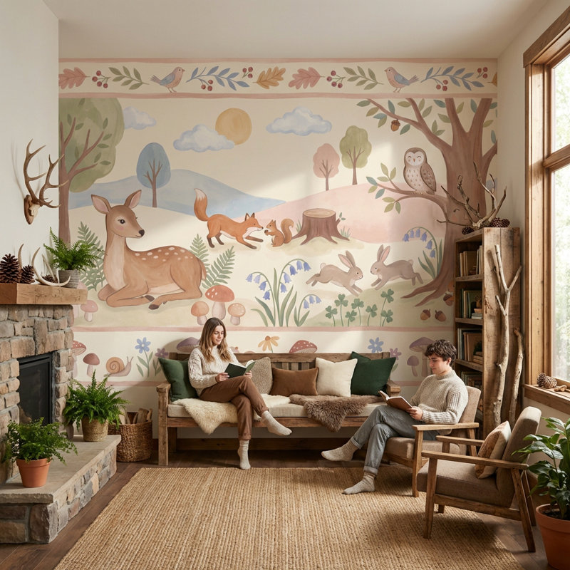 Murale forêt fantaisiste avec papier peint forêt, 120"x96", Peler et coller
