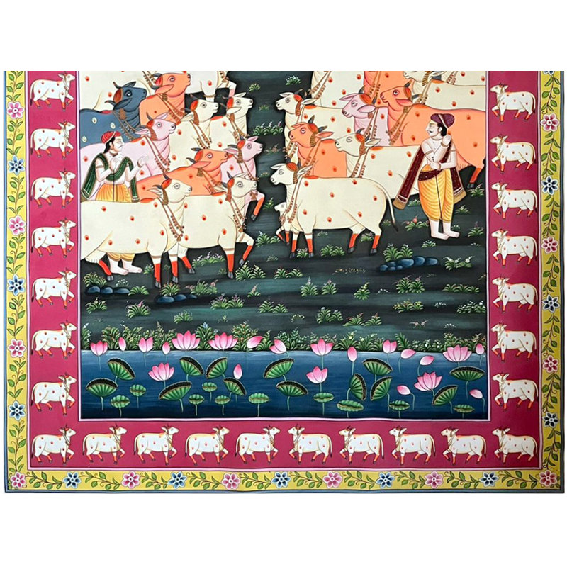 Dieu indou Shrinathji jouant de la flûte | Art Pichwai | Aquarelle sur coton