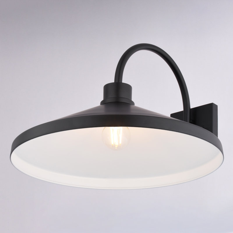 Highland Park 11.75 In. H 1-Light Matte Black And White Outdoor Wall Sconce, Durable Steel Shade With White Interior, LED Compatible, Use For Exterior Porch Patio Front Door Or Garage