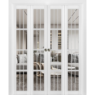Sliding Closet Double Bi-fold Doors 96" x 84" (4* 24x84) Felicia 3355 White Silk with Clear Glass Sturdy Tracks Moldings Trims Hardware Set Wood Solid Bedroom Wardrobe Doors