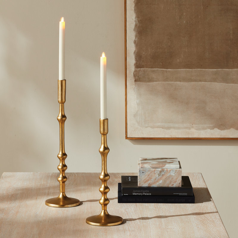 Torchon Sand-Cast Aluminum Notched Taper Holders in Gold, Set of 2, Gold