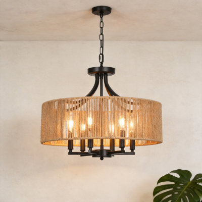 6 - Light 19.68 inch Boho Rattan Drum Chandelier for Living Room Bedroom Dining Room