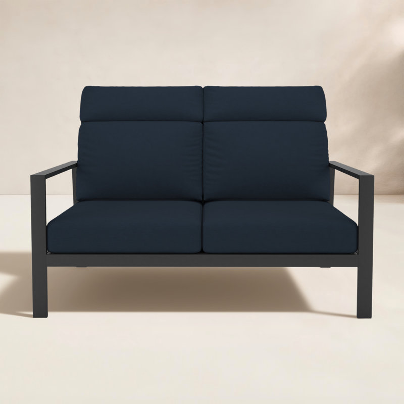 Townsend Metal Outdoor Loveseat With Sunbrella Cushion, Canvas Navy, Brown, Yes