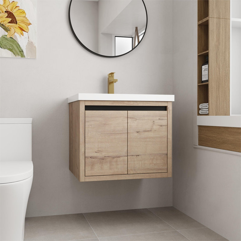Meuble-lavabo mural simple 24 po avec plateau en résine Alizay et 2 portes, Imitation de chêne