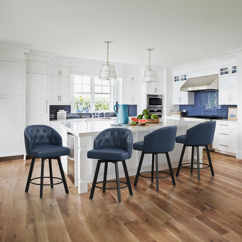 Elyana 25.2'" H Swivel Counter Stools, Navy Blue Faux Leather