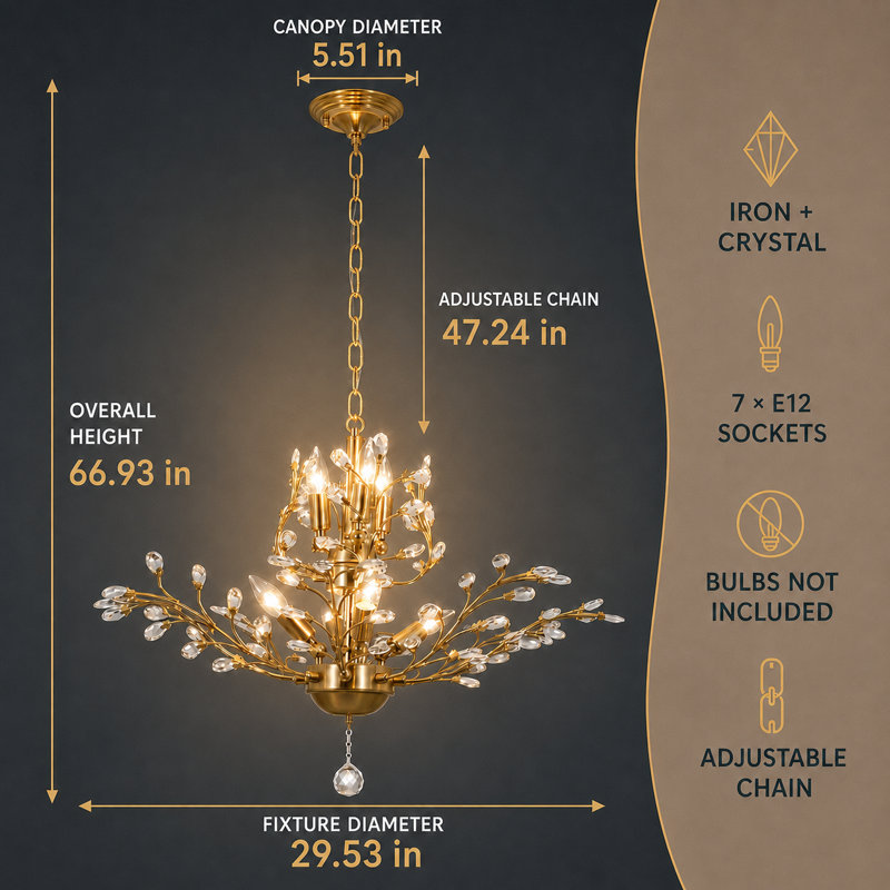 30 Inch Antique Gold Bronze Vintage Glam 7 Light Branch Leaf Floral Crystal Chandelier
