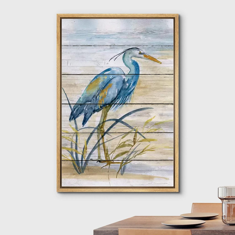 Crane Heron Bird " Retro Wood Panel Blue Beach Heron Bird Modern ", Natural Floater Frame, 36" H x 24" W x 1.5" D