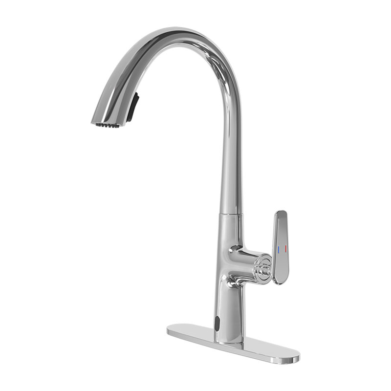 Single Handle Gooseneck 16.14 In. Pull Down Sprayer Kitchen Faucet W/ Button Control 360° Spout Swivel, 3-color Available