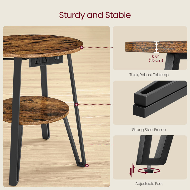 End Table With Charging Station, 2 USB ports, 2 Power Outlets, and 2-Tier Round Storage Shelves