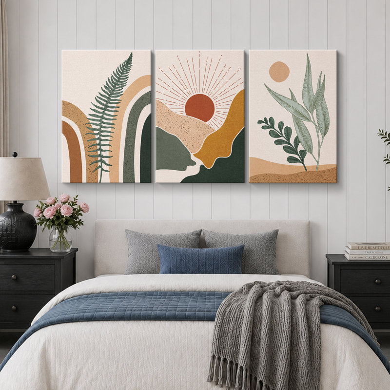 «Mid Century Modern Boho Sun Forest Plant», ensemble de 3 impressions sur toile, H 24 po x l 48 po, Toile tendue